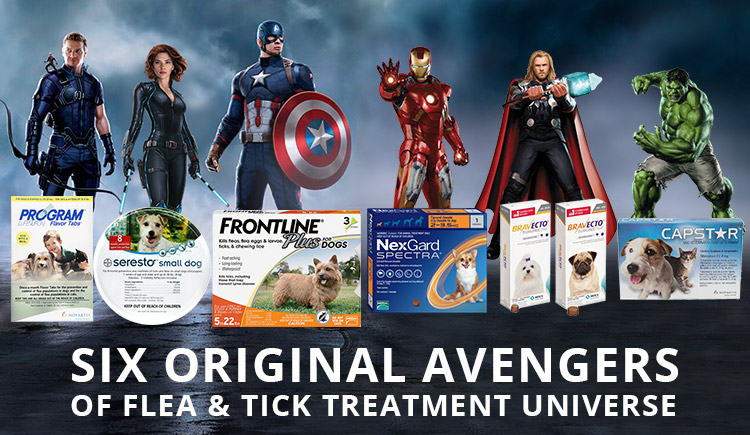 SIX ORIGINAL AVENGERS OF FLEA AND TICK TREATMENT UNIVERSE